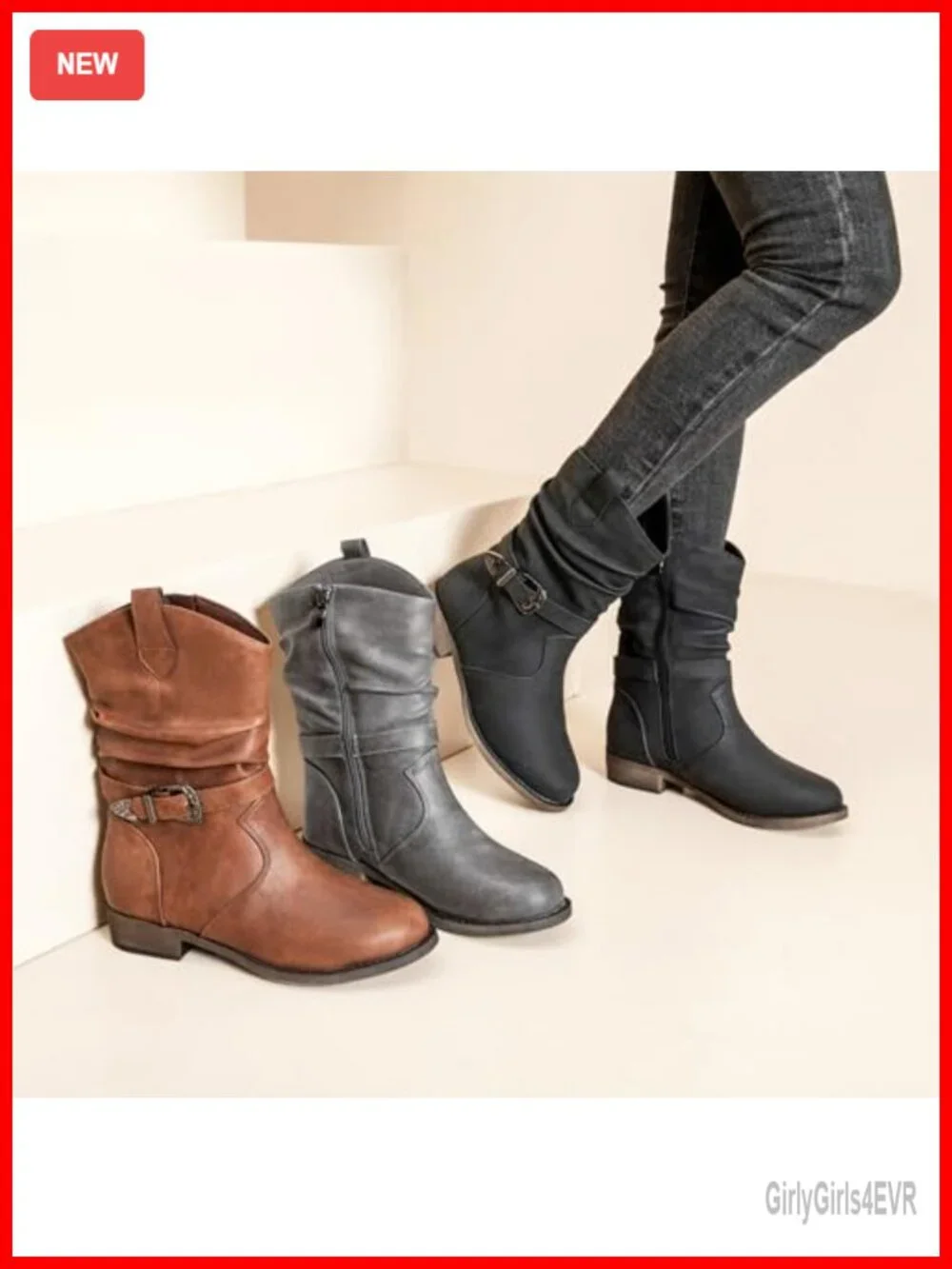 Women's Mid-Calf Cowboy Zip Booties - Round Toe Faux Leather Side Zipper